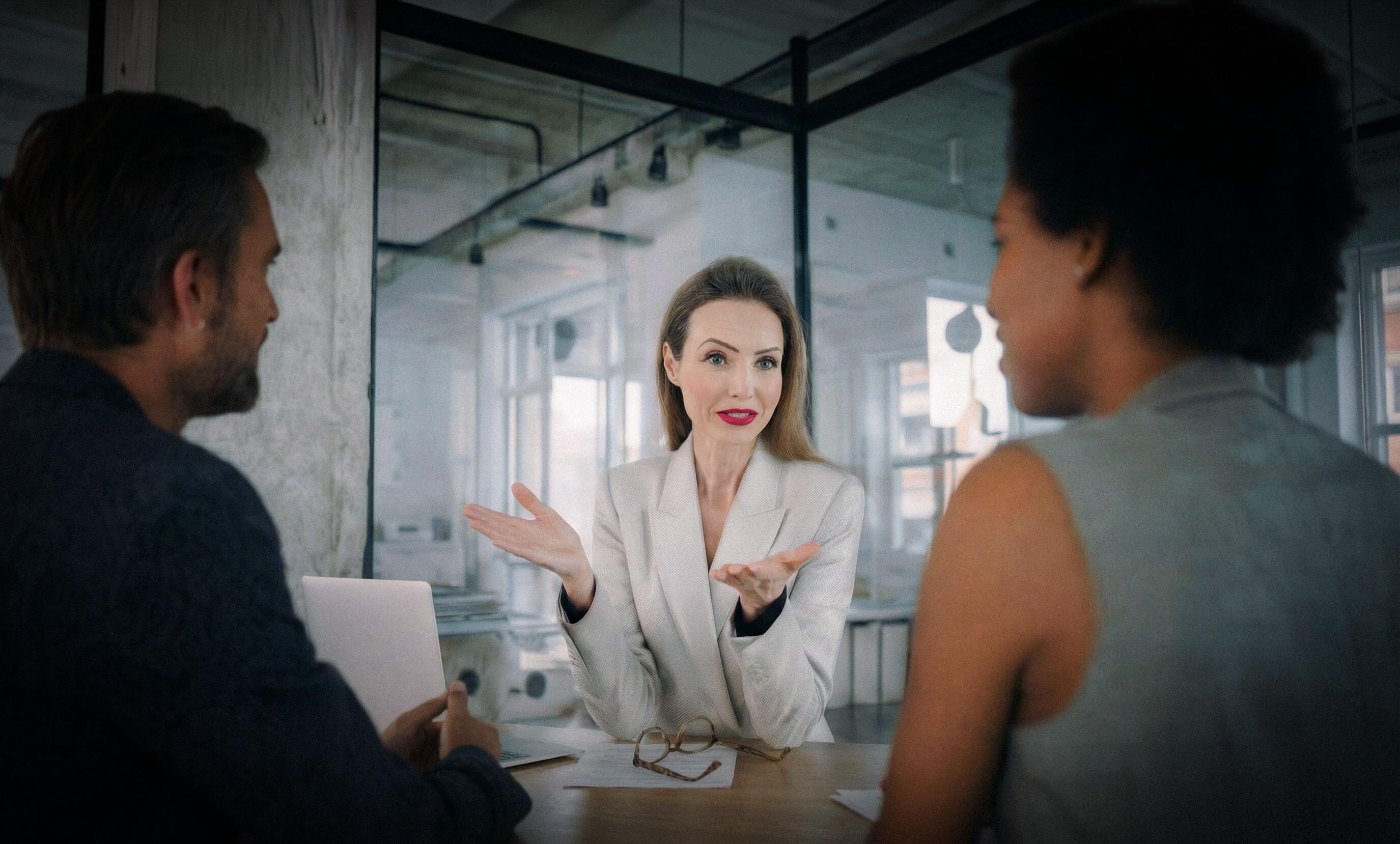 Angeregte Beratungssituation einer jungen, lächelnden Beraterin mit zwei weiteren Personen, die ihr in einem modernen Loft-Büro gegenübersitzen. Marina Adler – Marketing mit Weitblick